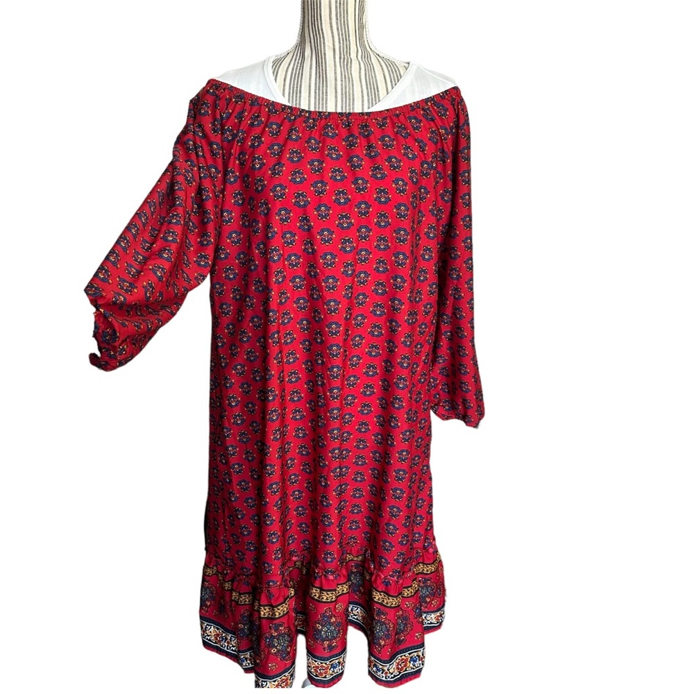 Off Shoulder Red Blue Boho Ruffle Maxi Dress Size Large - Picture 5 of 5